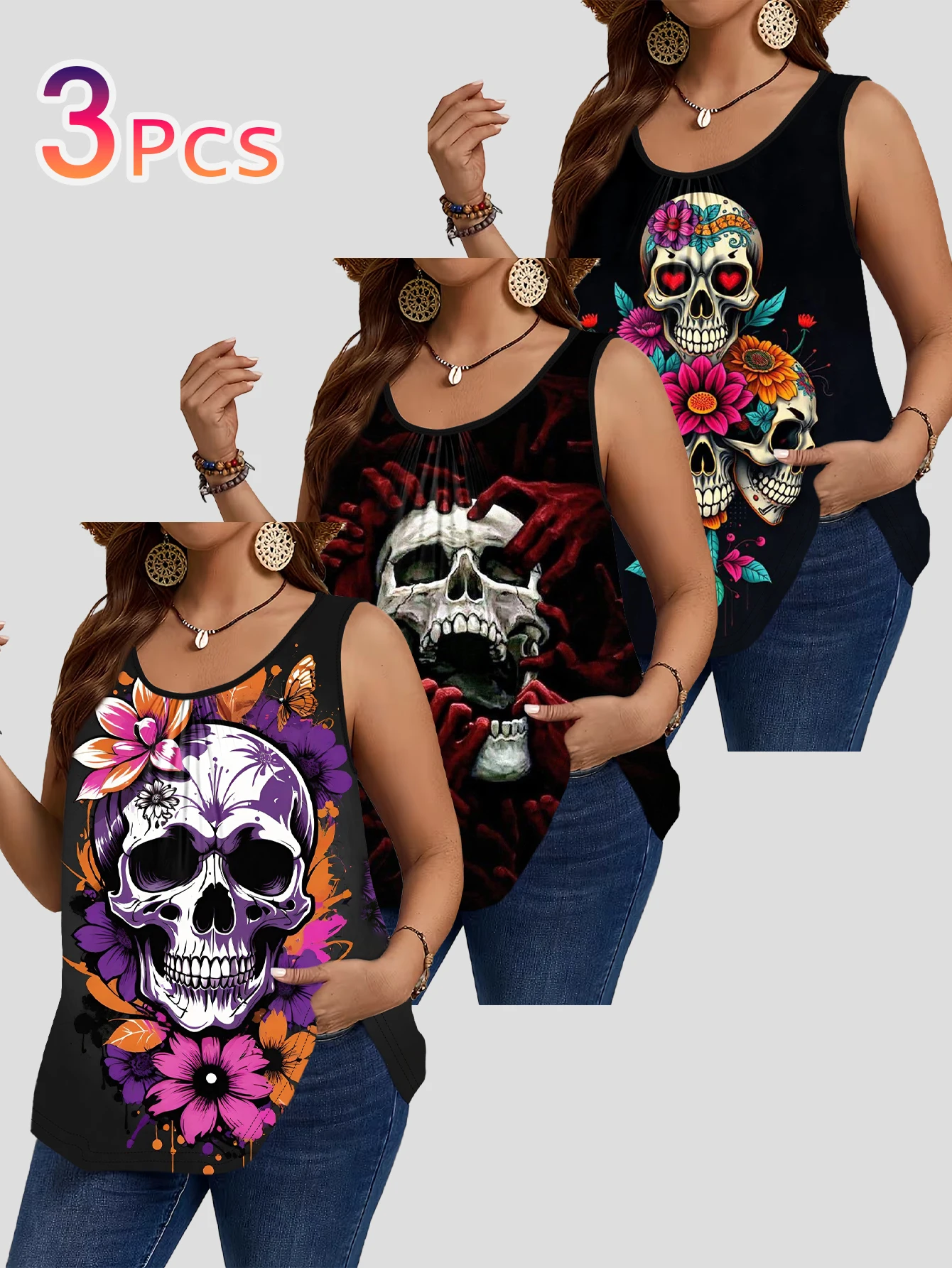 Conjunto de 3 piezas de chalecos sin mangas de talla grande con estampados de calaveras florales de colores, calaveras con mariposas y flores moradas, y calaveras con estampados de huesos de manos de color rojizo, de estilo gótico, camisetas holgadas y favorecedoras.