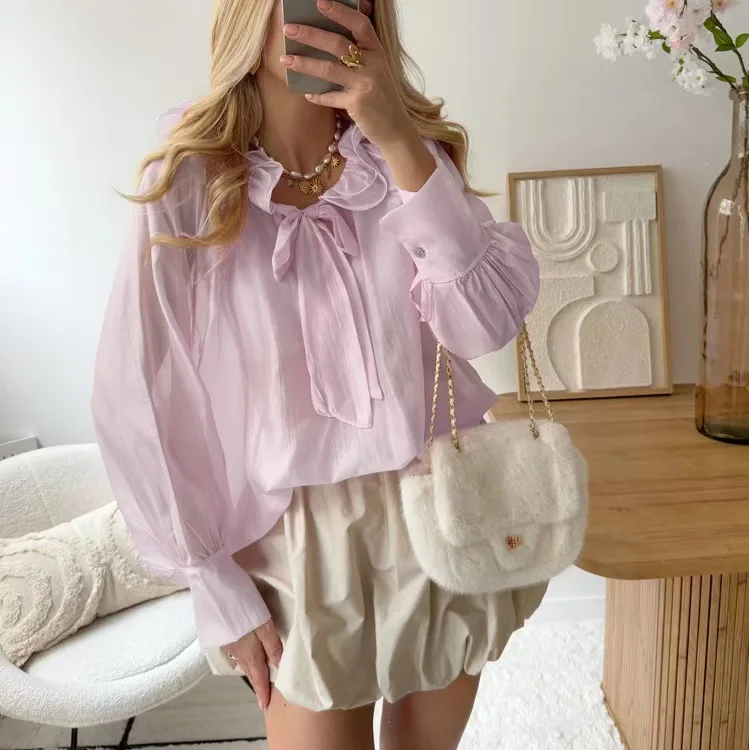 

Faionable Long Sve irt с галстуком-бабочкой и воротником Lotus Le Ele Универсальный топ French Sle Свободный крой Защита от солнца