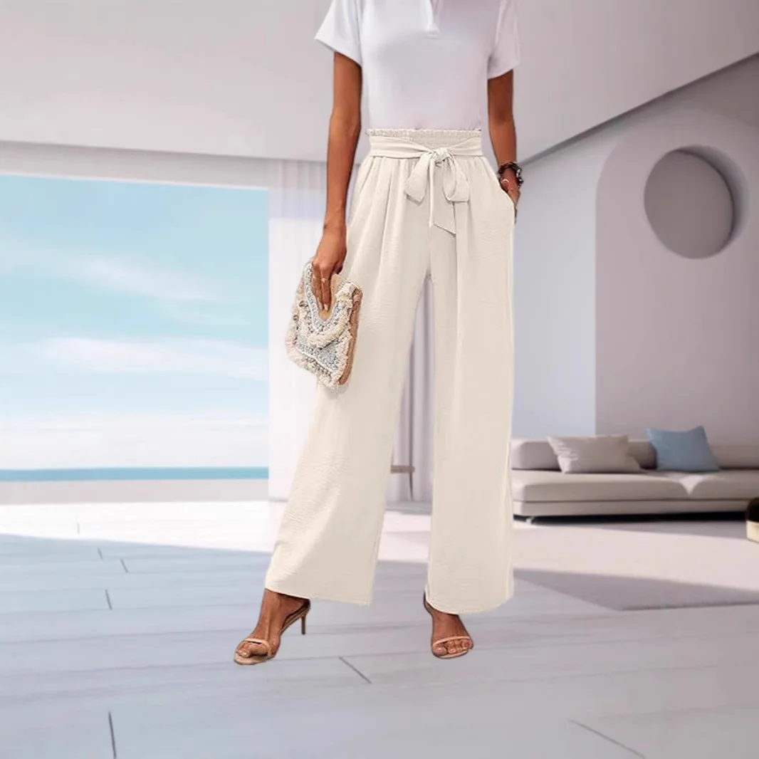 2025 Venta caliente pantalones para mujer Color sólido moda arco cinturón temperamento bolsillo alta cintura ancha pantalones de mujer