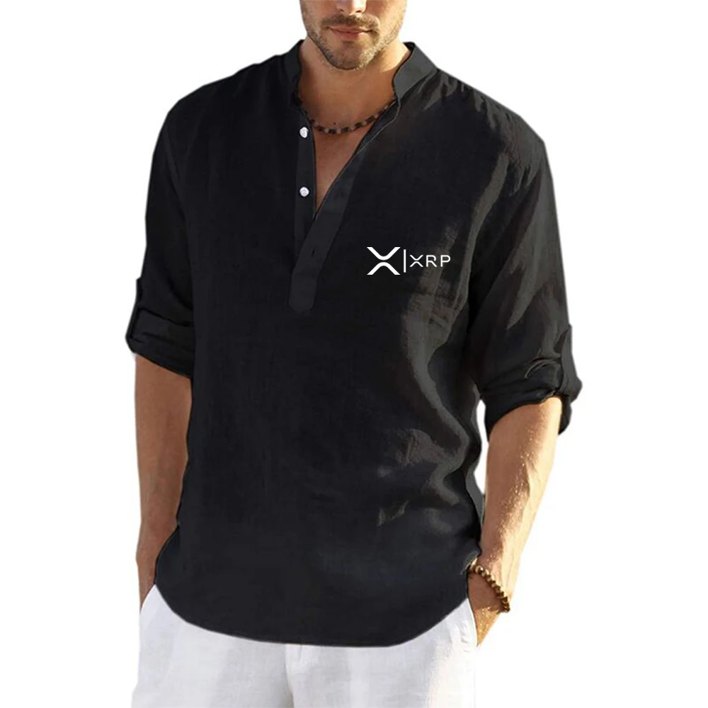 2025 Summer Men's Cryptocurrency Ripple XRP Logo Printing Popular Cotton Linen Design Half V-Neck Long Sleeve Comfortable Shirts