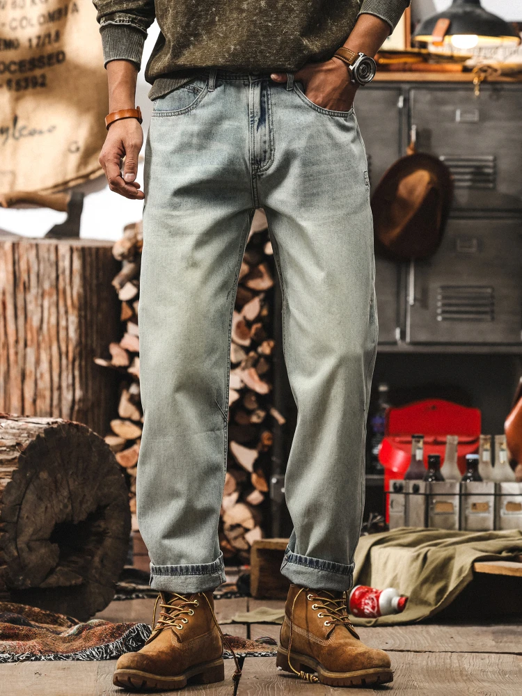 

Ретро-джинсы мужские американские синие, свободного кроя, прямые, из хлопкового денима, весенняя новинка, модная городская молодежная одежда