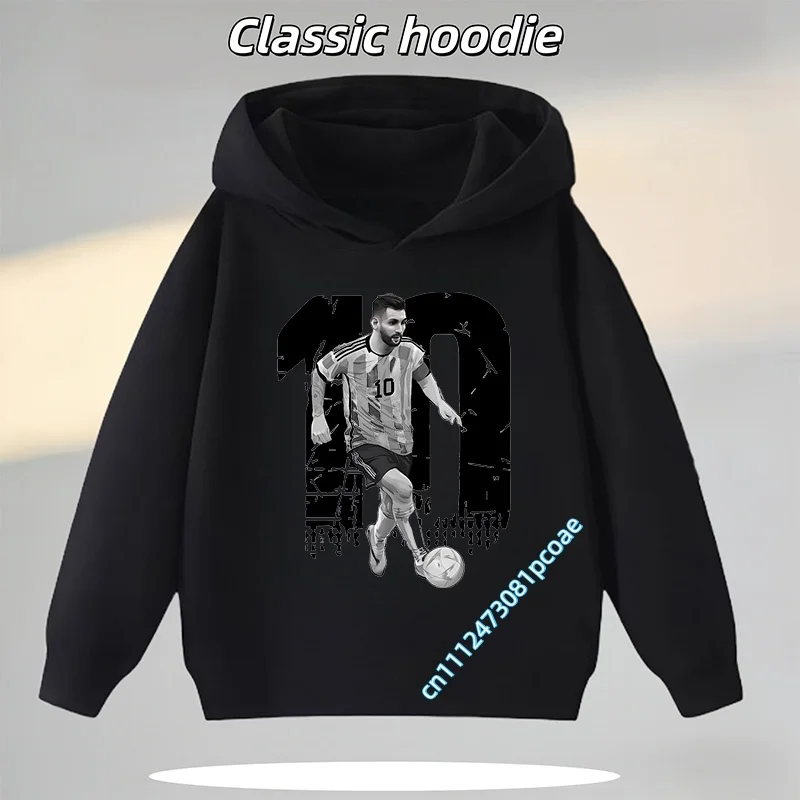 Football Star Cartoon Print Autumn/Winter Coat Messi Children's Hooded Sweatshirt Boys' Sports Shirt Girls' Casual Top