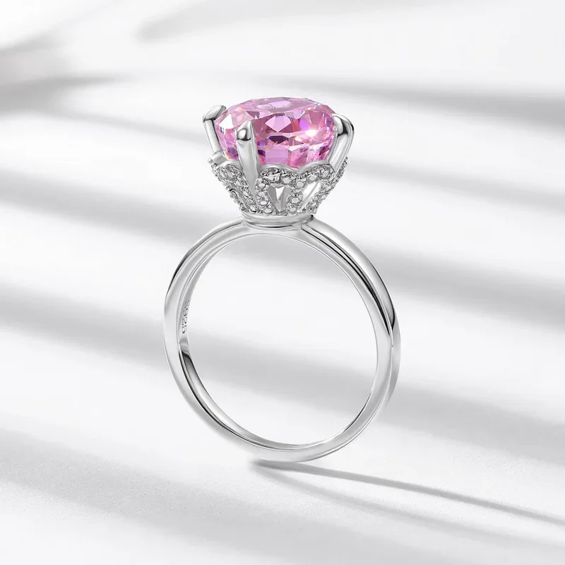 خاتم وردي جديد S925 طقم ذهب عيار 18 قيراط مطلي بالفضة مع حجر كريمة وردي PT950 خاتم مويسانيتي بلاتيني