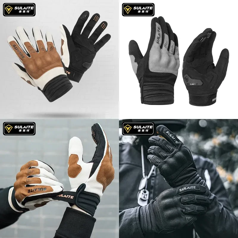 for SULAITEG3 Motorcycle Riding Gloves Spring Summer Full Finger Breathable Cloth PVC Knuckle Protection Conductive Touch