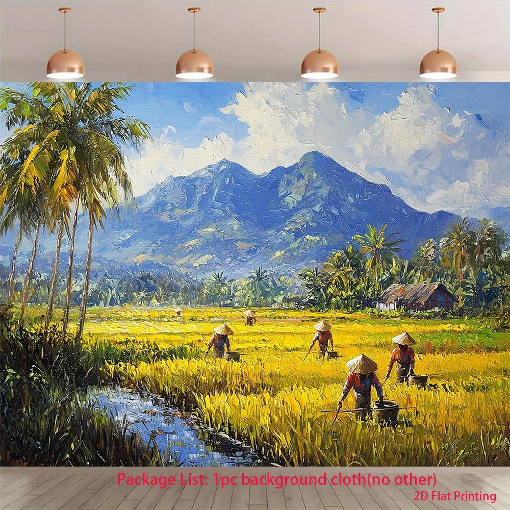 2D Flat, 1pc Rice Field Farmers Palm Trees Mountain Tapestry Rural Asia Wall Art Living Room Decor Traditional Farming Landscape