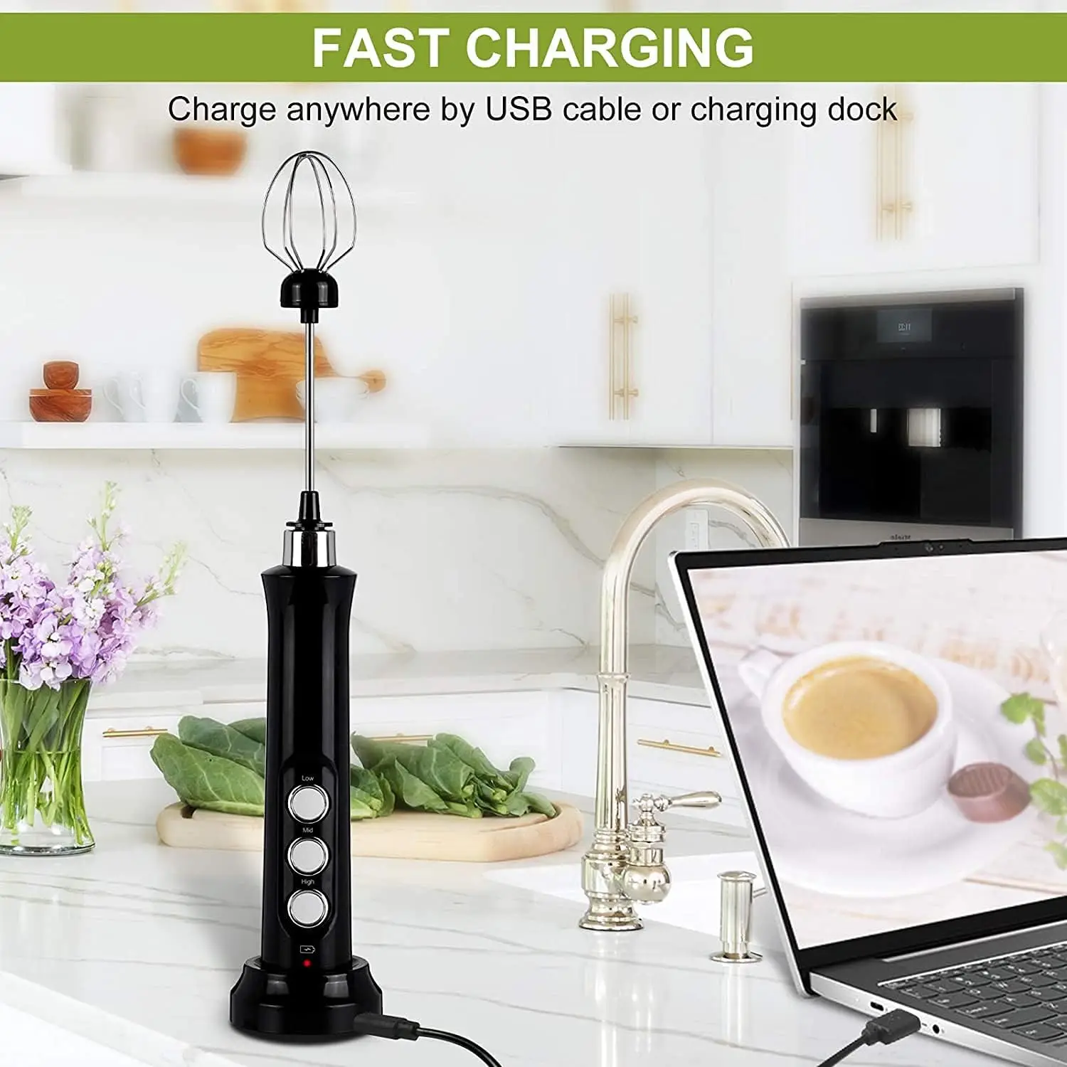 Wireless Rechargeable Electric Milk Frother - 3 Speeds, Handheld Foam Maker for Latte, Cappuccino, Hot Chocolate - USB Rechargea