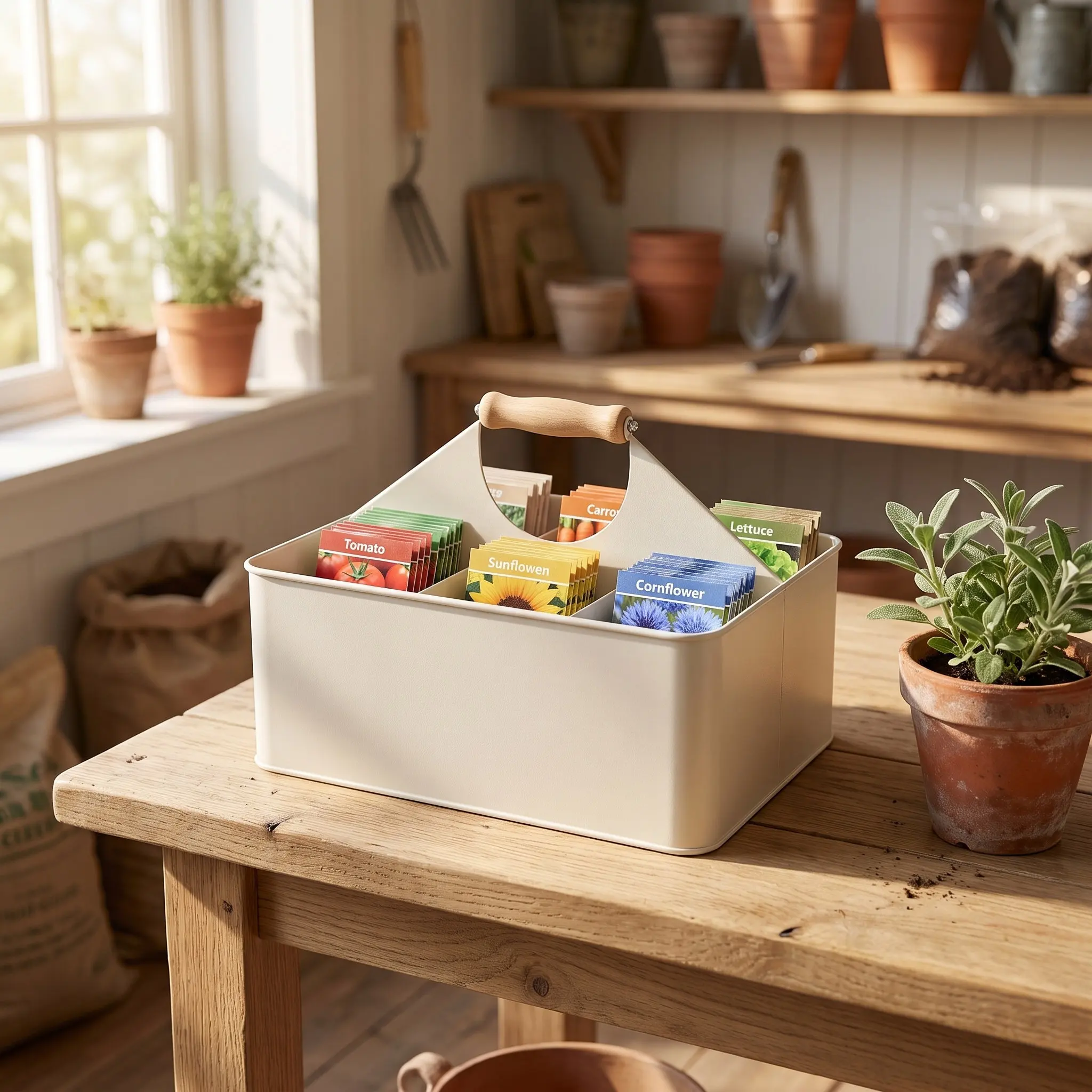 4-Compartment Metal Garden Seed Storage Box with Handle Organizer for Yard Planting Supplies and Garden Tool Holder