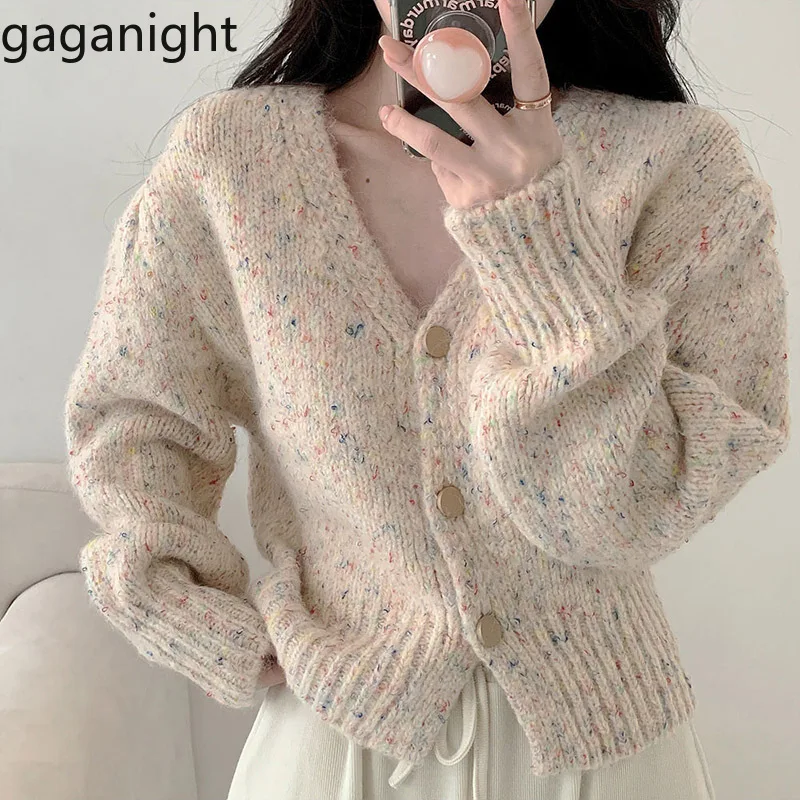 Gaganight Women Mixed Color Dot V neck Knitted Cardigan 2024 Autumn Wnter New Korean Chic Ins Female High End Top Outerwear