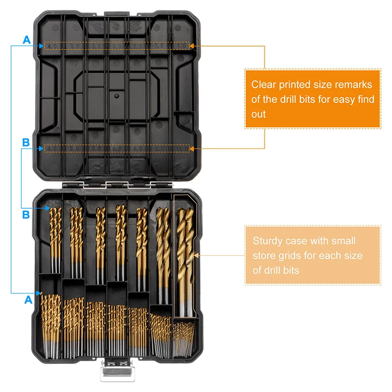 99pcs Twist Drill Bit Set Titanium High Speed Steel for Woodworking Plastic Metal Aluminum Power Tool 14 Sizes Drills with Case