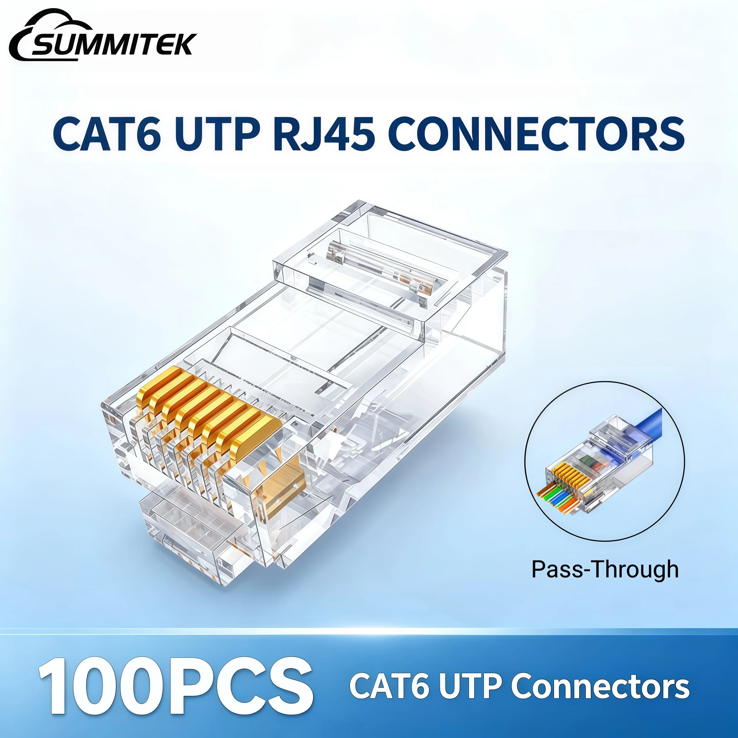 SUMMITEK RJ45 CAT6 Pass Through Connectors UTP Ethernet Network Modular Plug 8P8C Gold-Plated Ethernet PC Cable Adapter