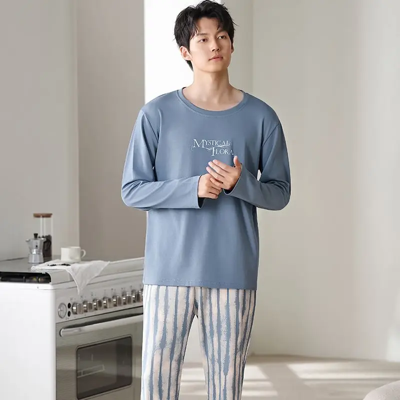 

2025 New Autumn Plus Size Long Sleeve 100% Cotton Pajama Sets for Men Korean Casual Striped Sleepwear Male Homewear Home Clothes