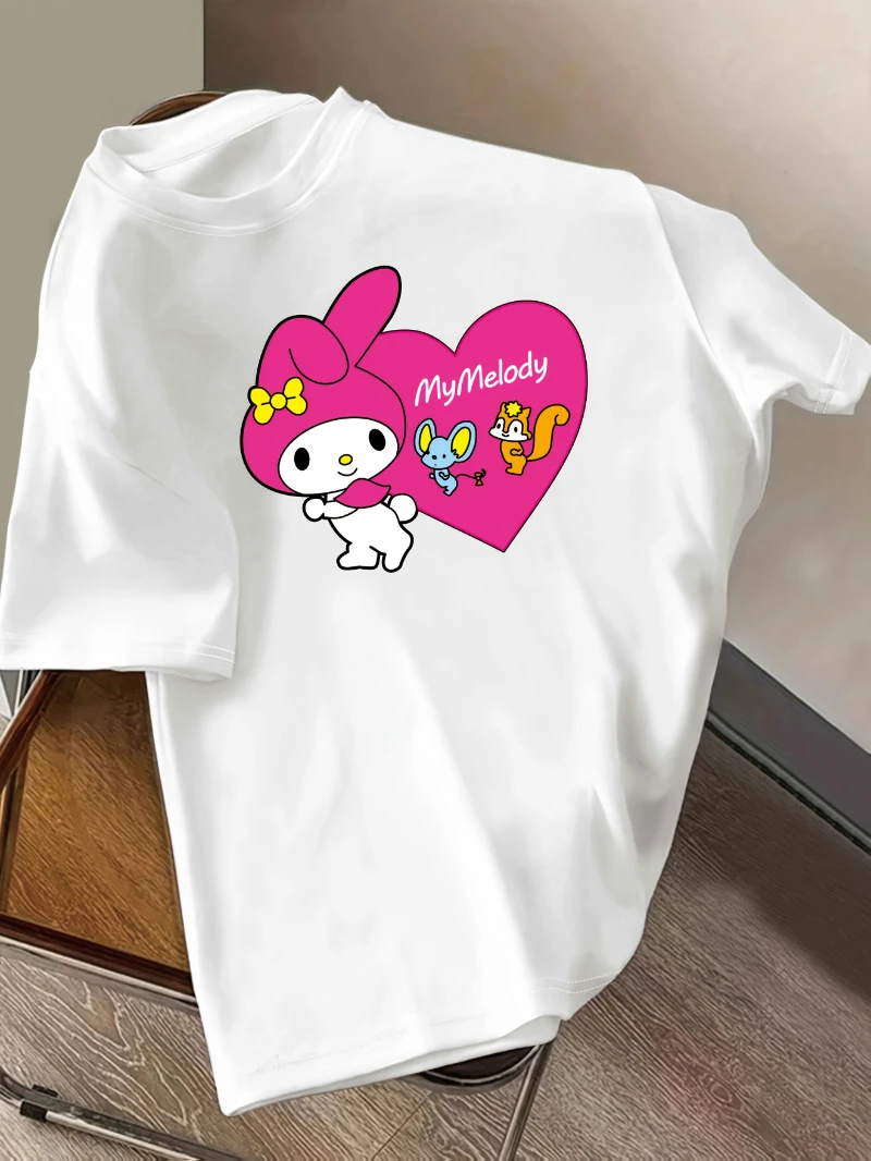 

Женская повседневная футболка Sanrio с коротким рукавом — принт «My Melody&Hello Kitty Heart», белая футболка с круглым вырезом, летняя мода