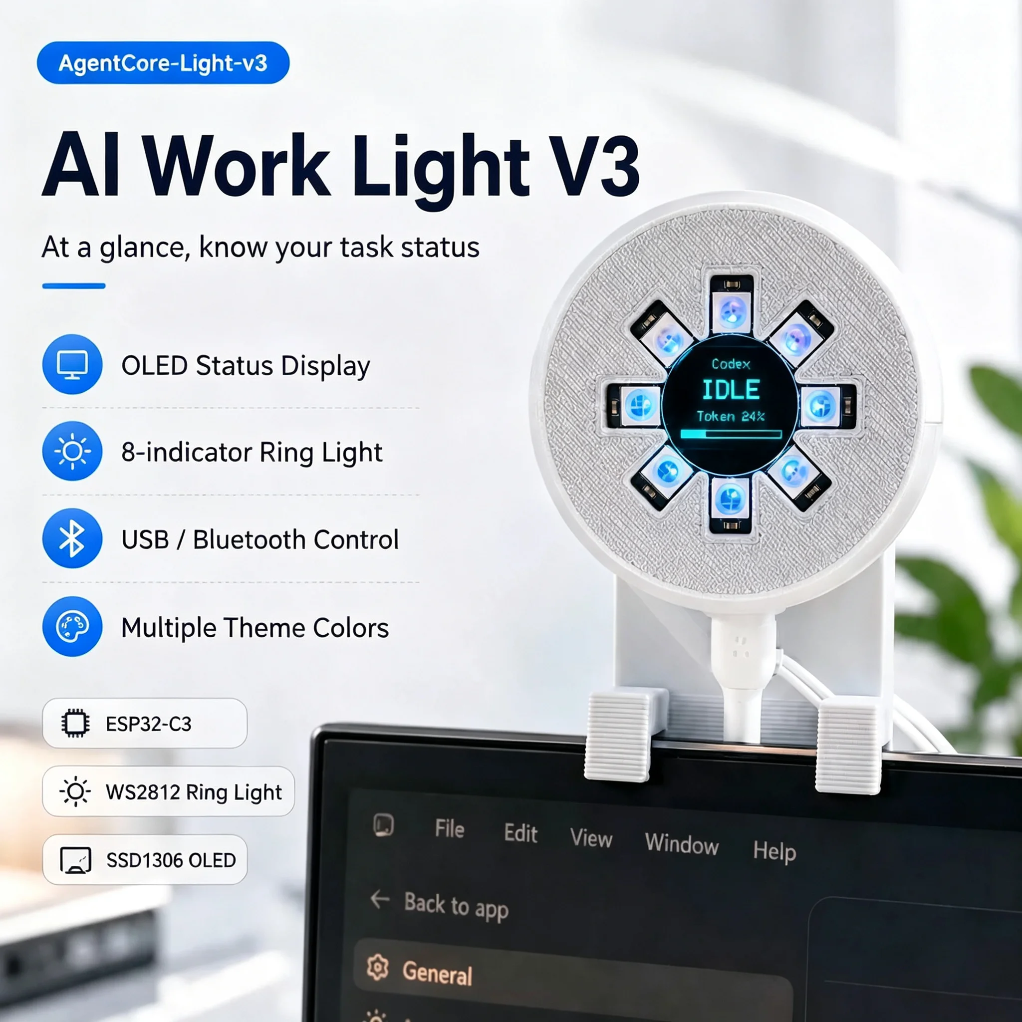 AI Working Status Light DIY Codex Indicator Light Claude Indicator Light Trae Status Indicator Light With Screen