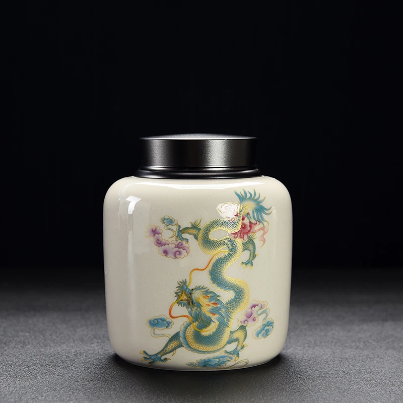 Creative Alloy Sealed Tea Can Ceramic Dragon and Phoenix Pattern Storage Jar Home Coffee Beans Candy Jar Home Decoration Modern