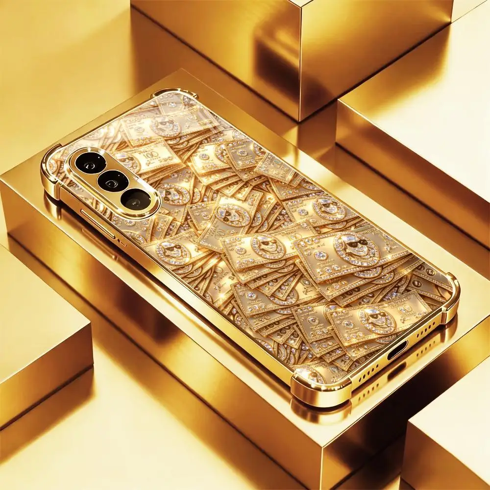 New Golden cartoon banknote phone case glass s26 ultra case s25 ultra case for Samsung Galaxy S26 S25 S24 S23 S22 FE,Ultra,Plus