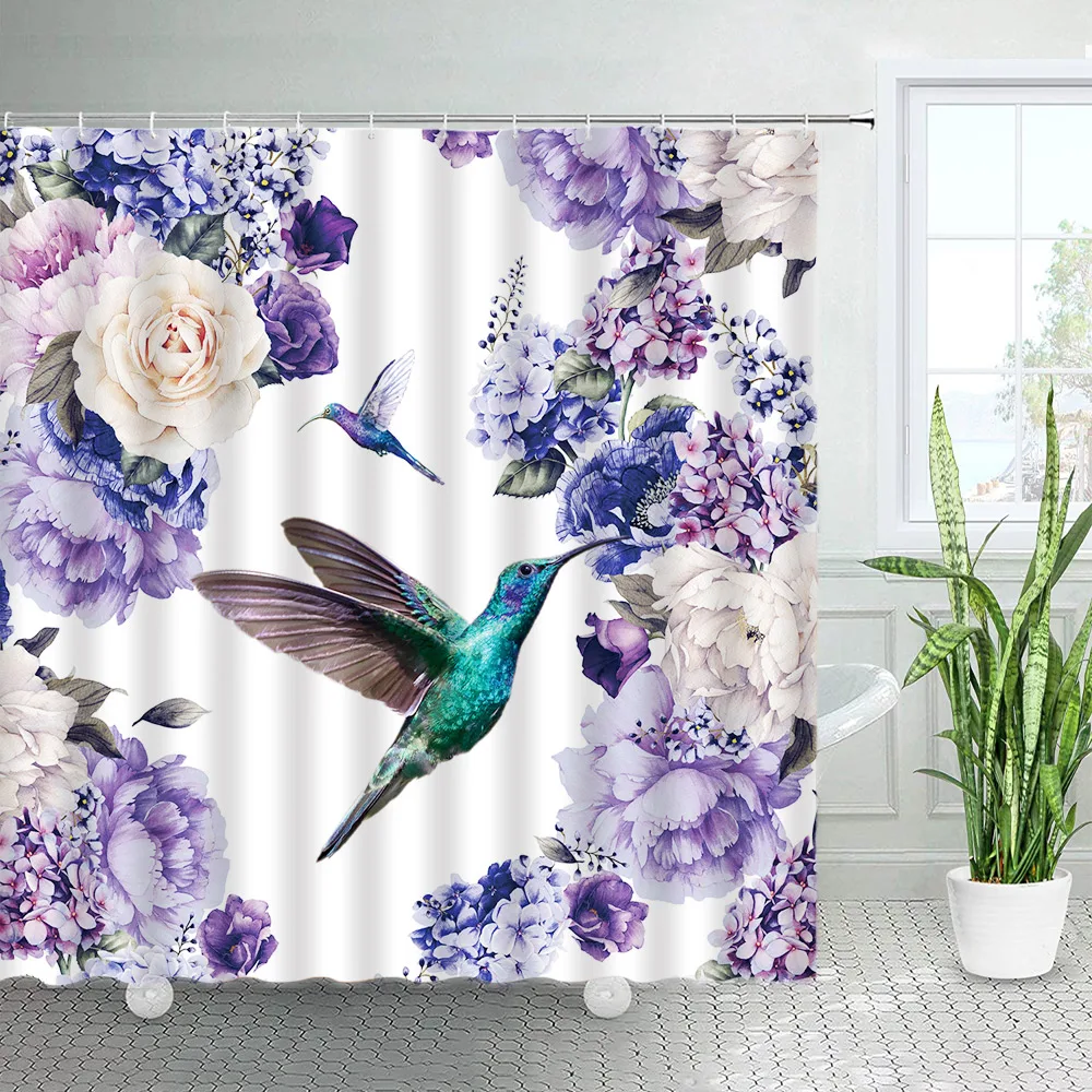 Flower Hummingbird Print Shower Curtain Natural Pink  Polyester Fabric Waterproof   with Hook Decoration