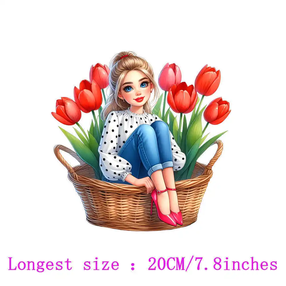 20cm Cartoon Tulip Flower Bouquet Girl Iron On Heat Transfer Sticker For Clothes Pinted Vinyl Thermal Washable T-Shirt Decal