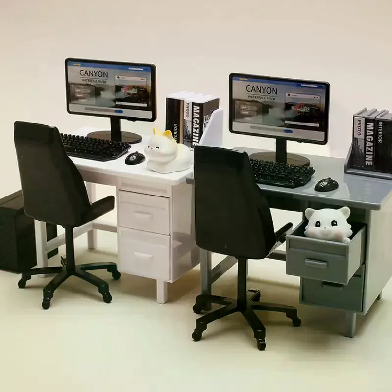 1 Set 1/12 Dollhouse Mini Study Furniture Set With Computer Desk Chair Keyboard Mini Home Scene Decor Model