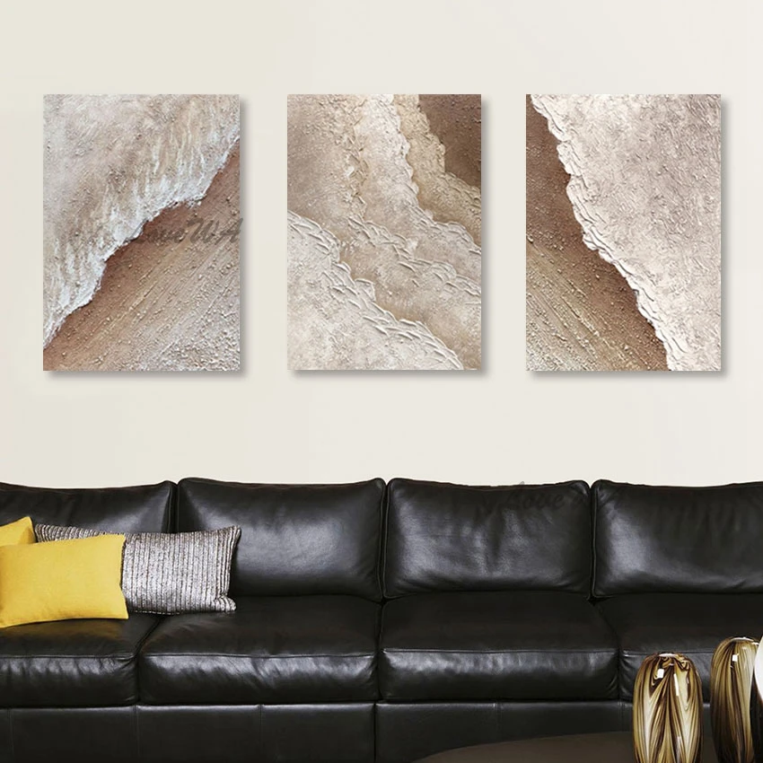 Modern Abstract Textured Oil Painting Wall,3PCS Canvas Art Hand Drawing, Home Decoration Pieces, Frameless Sea Wave Picture