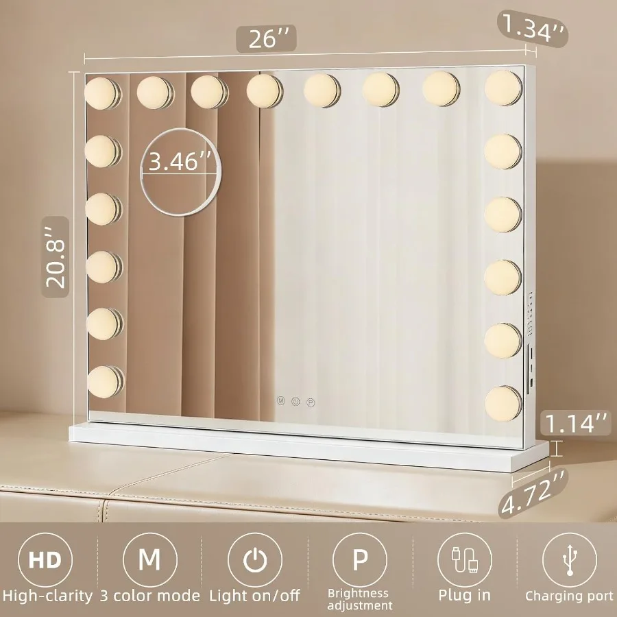 Large Vanity Mirror with Lights, 26x20.9 Hollywood Mirror with 10X Magnification, 18 Dimmable LED Bulbs 3 Color Lighting Modes
