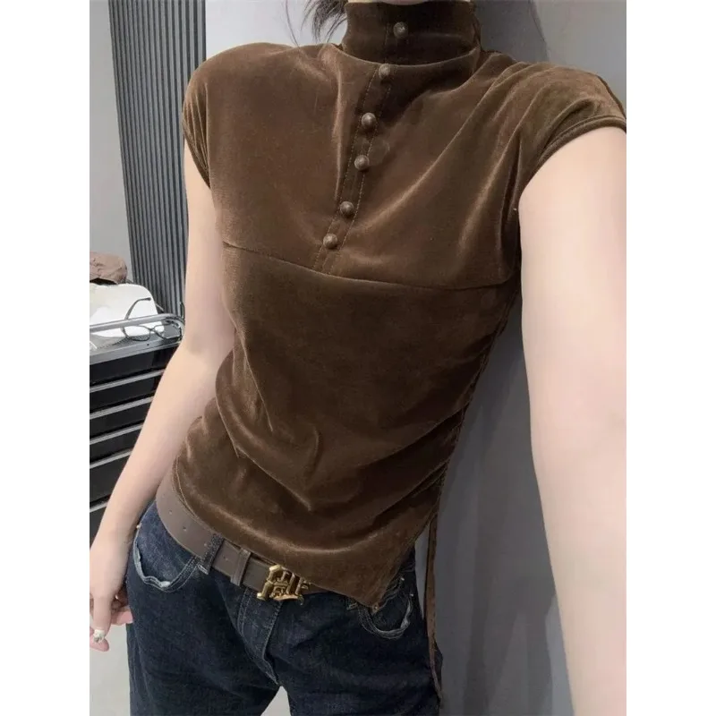 

Women's Brown Velvet High Neck Cap Sleeve Ruched Slim Fit Top with Button Placket