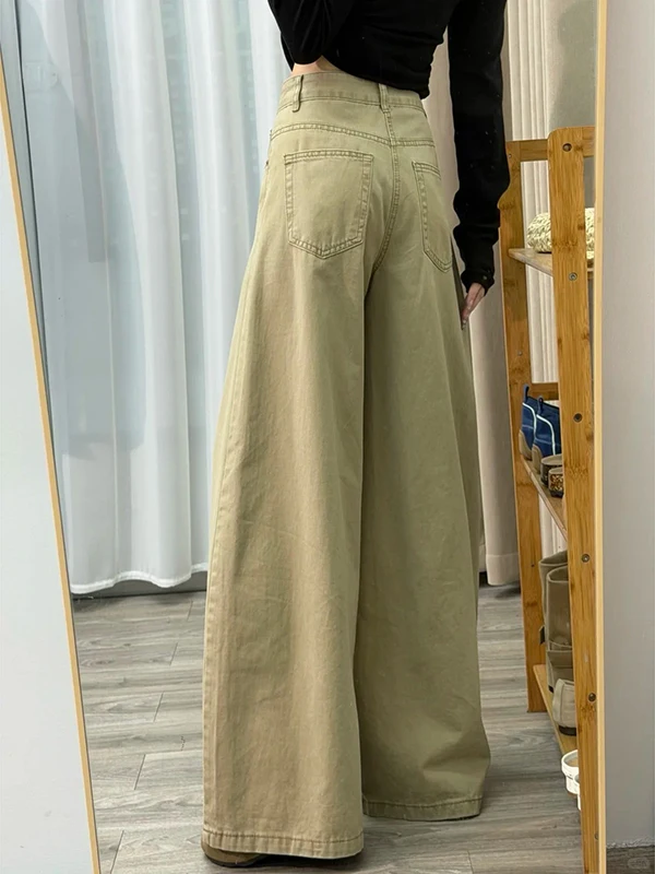 Retro Amerikaanse kaki Fce gevoerde wijde pijpen losvallende Thiened-denimbroek voor dames Casual broek met hoge taille en rechte snit