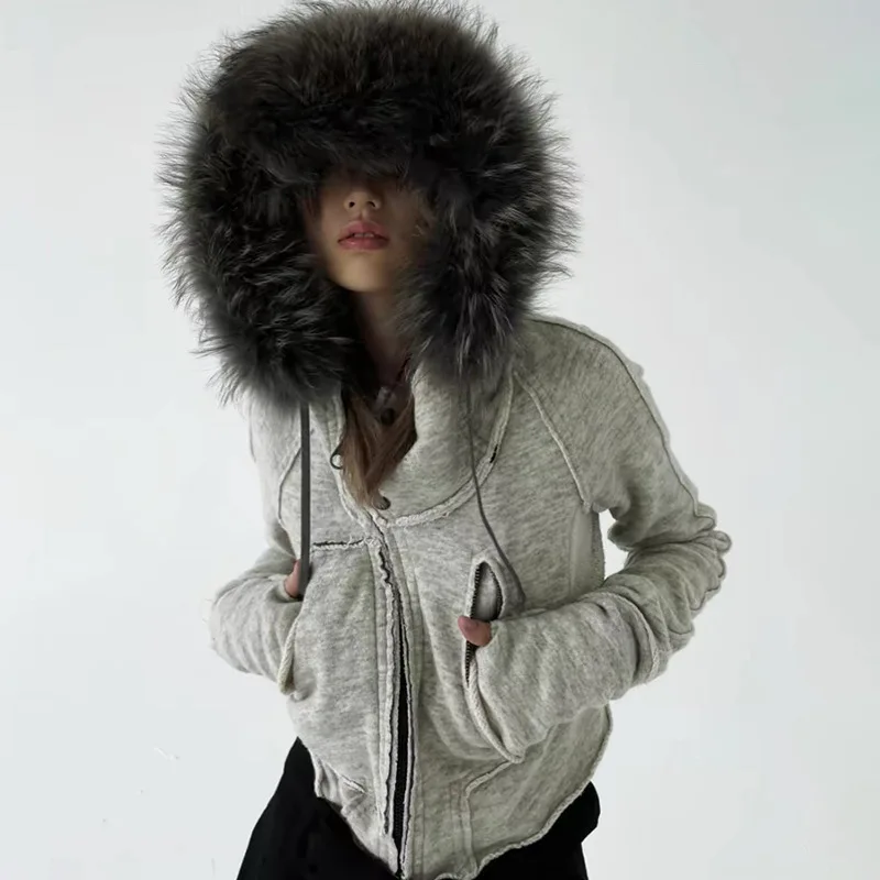 เสื้อฮู้ดดี้สไตล์วินเทจสำหรับผู้หญิง มีซิป แต่งขนเฟอร์ที่คอ  แบบลำลอง มีกระดุม  กระเป๋าเย็บติด  สตรีทแวร์  คาร์ดิแกน