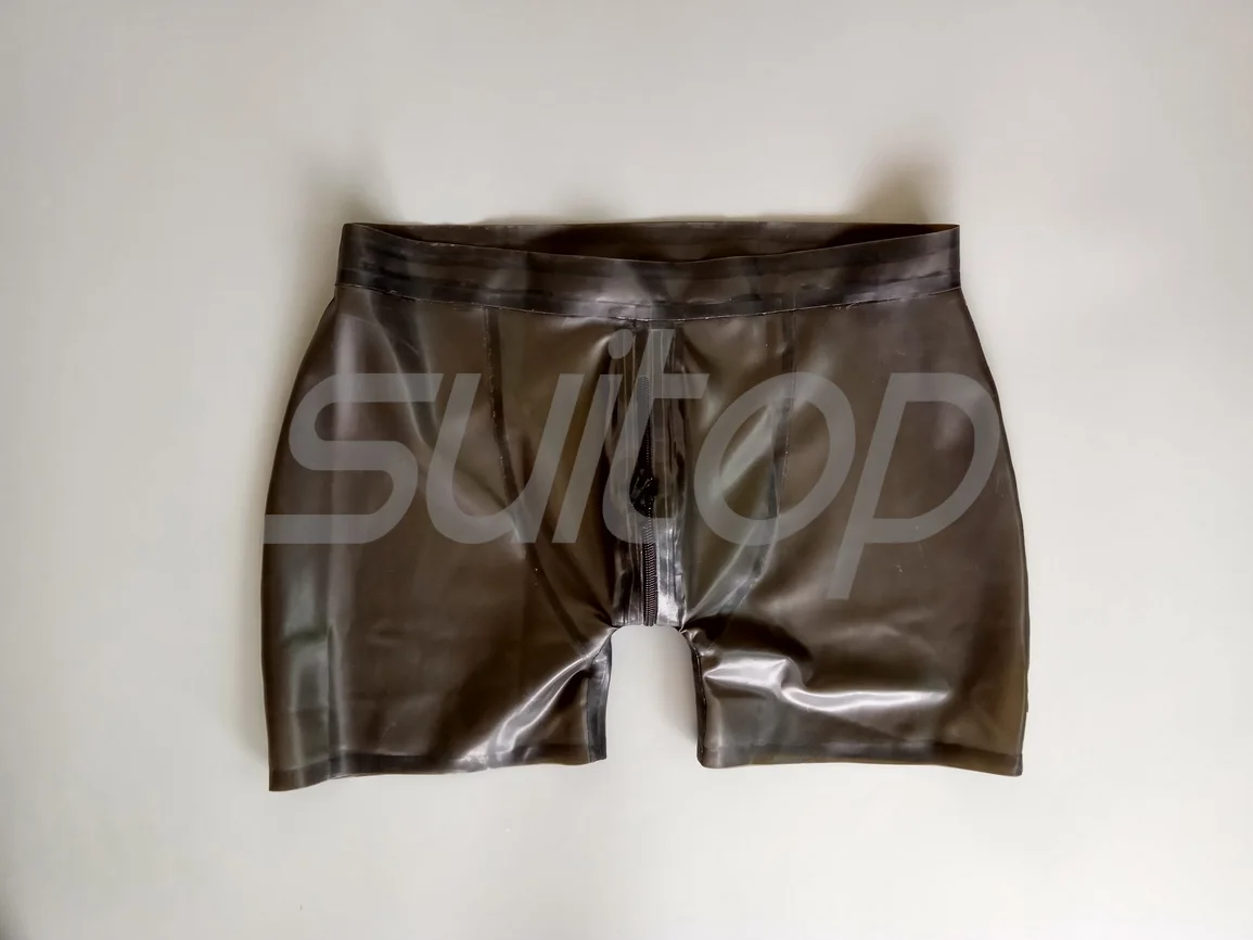 Shorts de borracha sexy de látex masculino com zíper na virilha