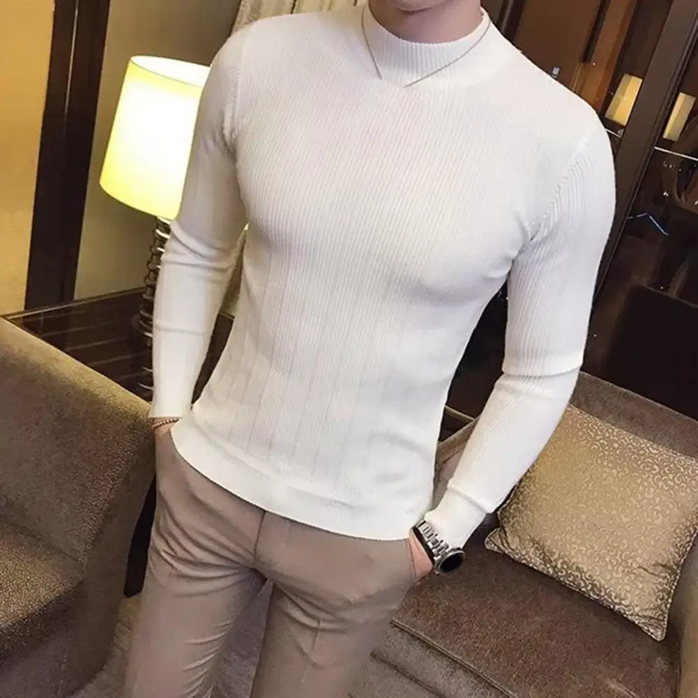 

Bodycon Sweater Elegant Men's Half-high Collar Knitted Sweater with Striped Texture Soft Elastic Winter Pullover Top for Fall