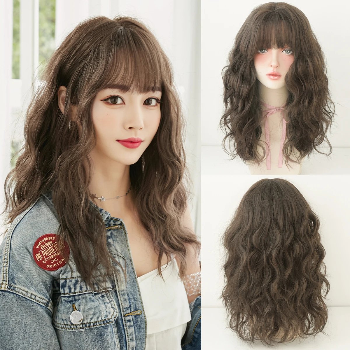 

7JHH WIGS Shoulder Length Water Wave Cool Brown Wig for Women Synthetic Modest Fashion Wear and Go Wigs with Neat Bangs