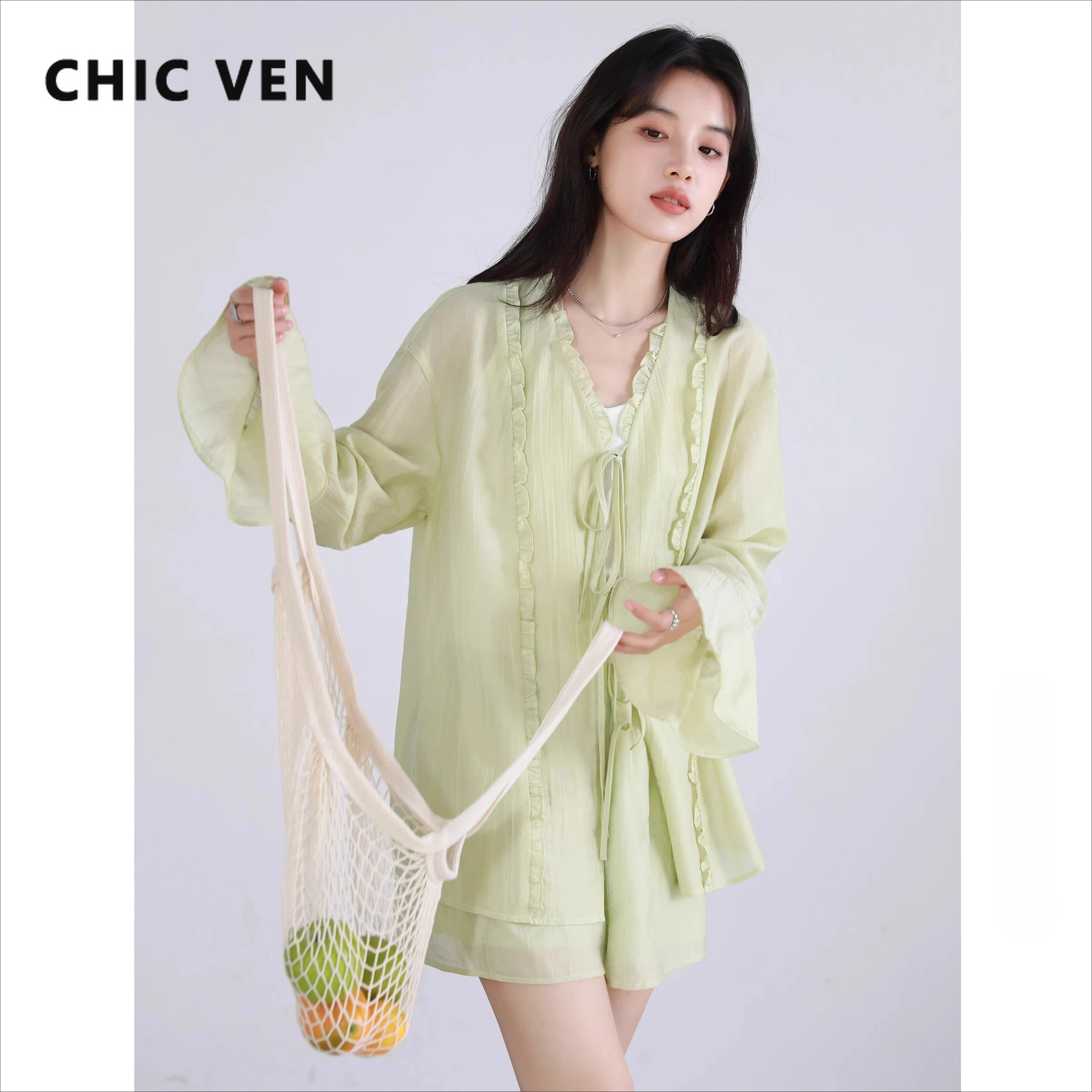 CHIC VEN Women Shirt Long Sleeve Loose Casual New Texture Ruffle Lace Up Blouses V Neck Female A Line Shorts Spring Summer 2025