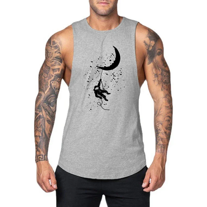 Mens Bodybuilding Sport Cotton Summer Shirts Space Astronaut Climb The Moon Funny Tank Tops Gym Fitness Running Sleeveless Vests