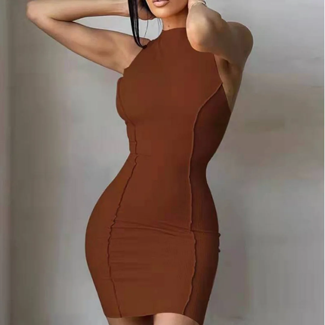 Effen dames mouwloze mini-jurk met ronde hals, zomer, sexy bodycon, wikkelrok, mode, off-shoulder, partyclub, hoge streetwear