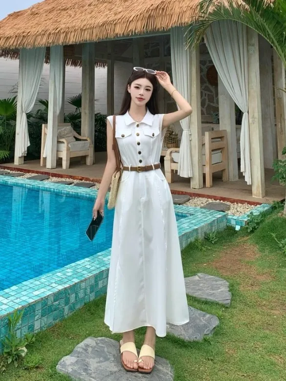 

plus Size Korean Sle Turn-down Collar Svel Dr Women's Summer New Waist-cinching Meat-concealing Anti-aging A-line ...