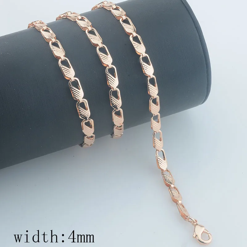 4mm Men Necklace Women Bracelet 585 Rose Gold Color Curb Carving Chains Set Jewelry