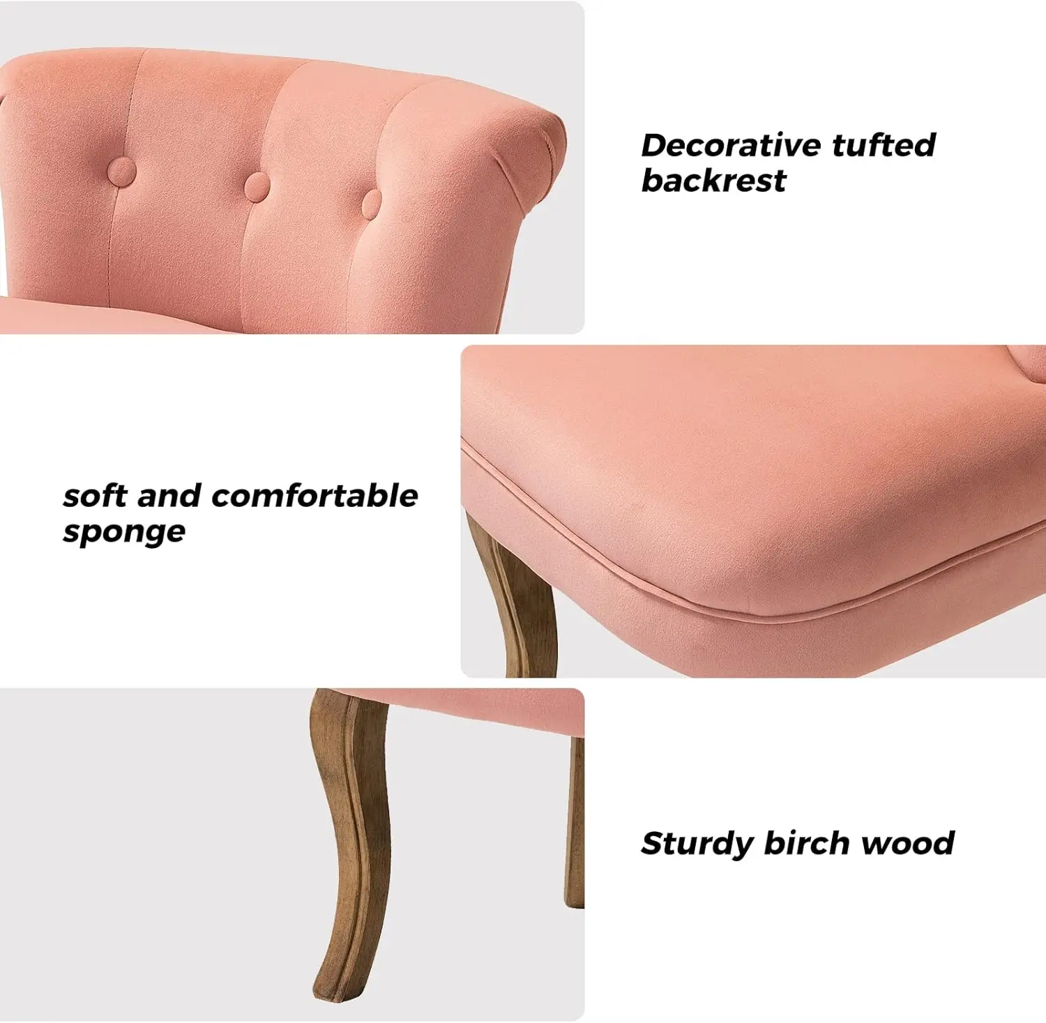 مقعد فانيتي مخملي وردي مع أرجل من الخشب الصلب، كرسي مكياج منجد حديث لغرفة النوم أو غرفة المعيشة