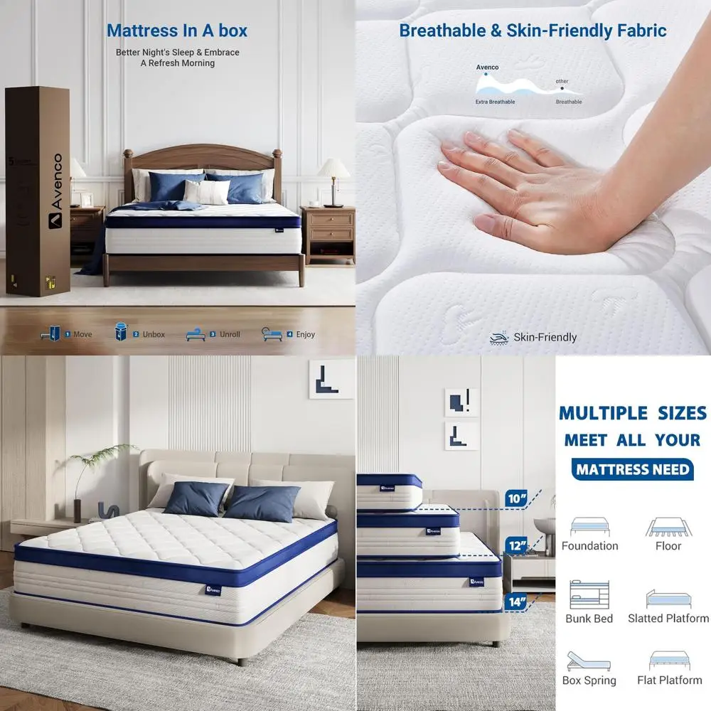 Colchão Queen, colchão Queen Size híbrido em uma caixa, colchões Queen Size de 12 polegadas com espuma confortável e bobinas de bolso para Pressu