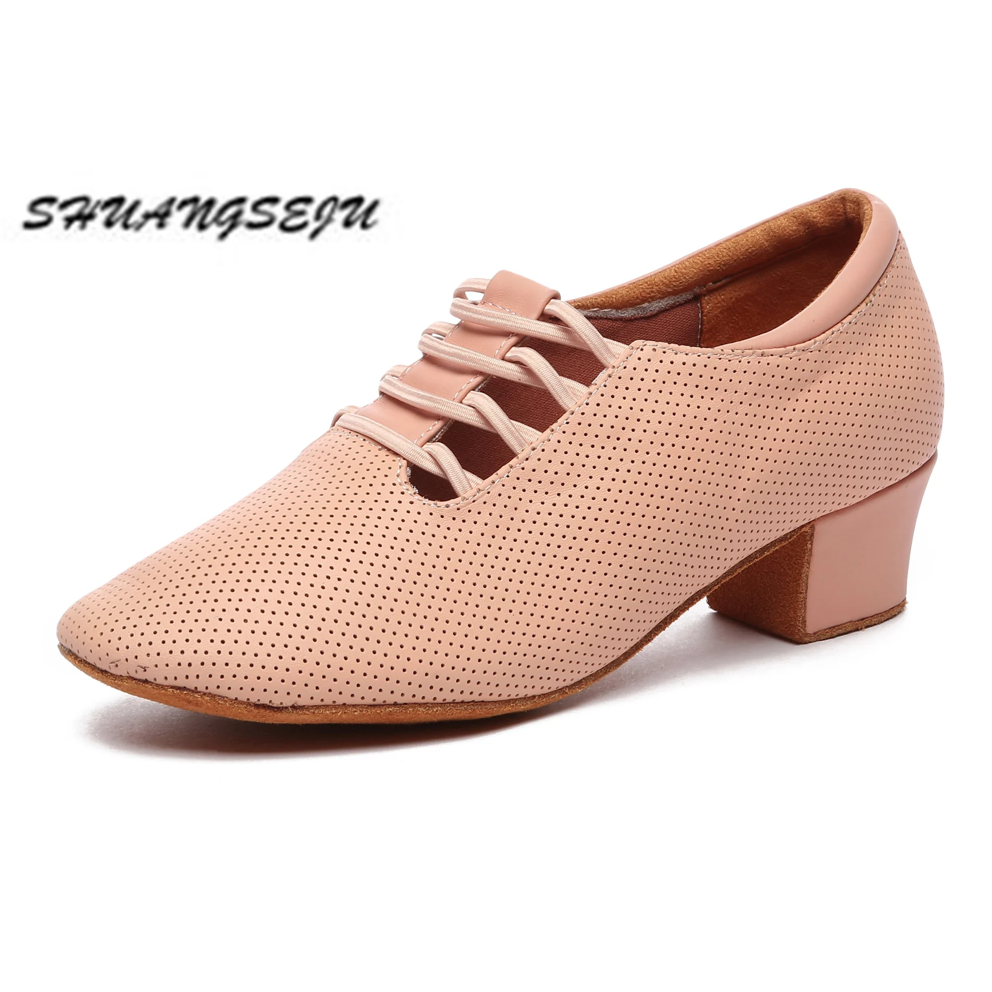 SHUANGSEJU Red Latin dance shoes Women's modern dance shoes cowhide cha-cha salsa professional teacher practice dance shoes 4cm