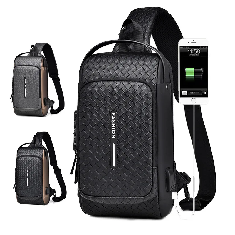 Portable Backpack with USB Charging Port Male PU Shoulder Outdoor Sports Crossbody Bag Men Fashion Chest Bag Anti-theft Tape Bag