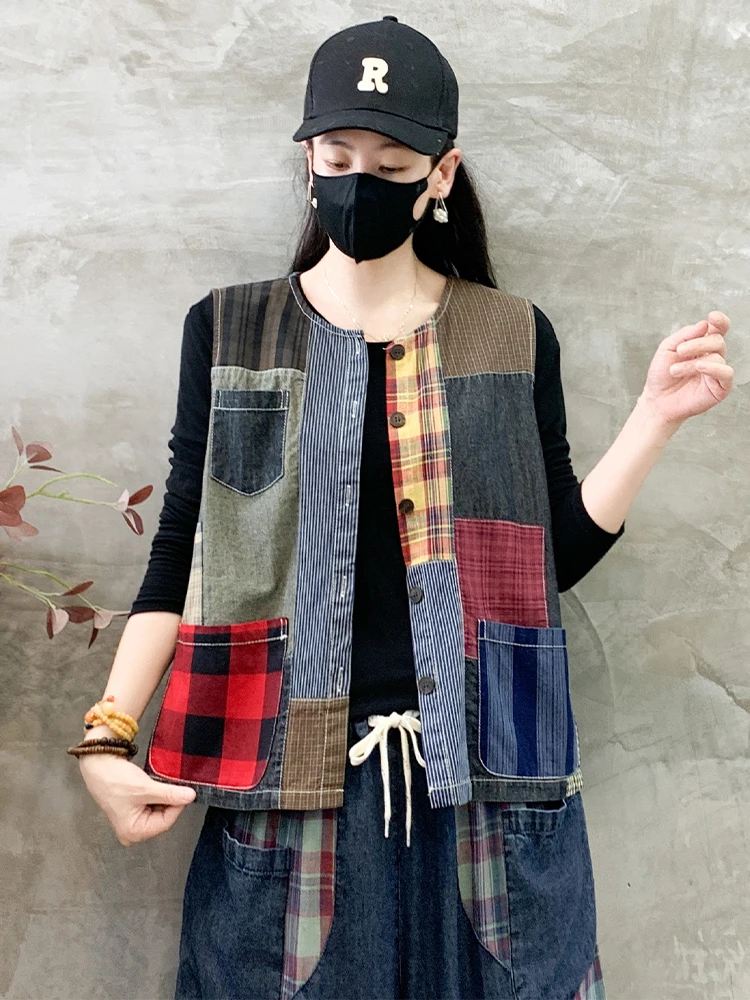 Max LuLu Fashion Autumn Sleeveless Clothes Womens Loose Plaid Denim Vest Classic Printed Coats Ladies Casual Vintage Waistcoats