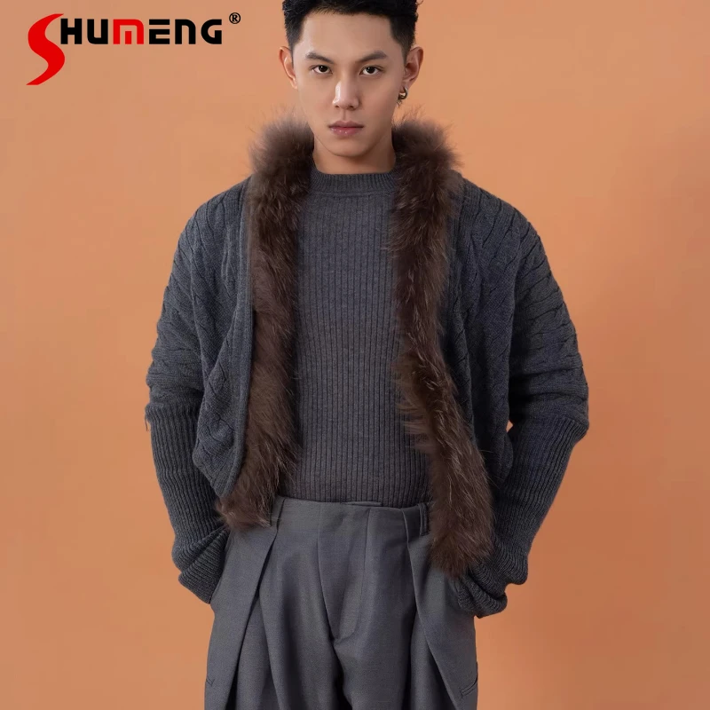 

Модный вязаный кардиган-шаль с воротником из искусственного меха для мужчин и женщин, осень 2025, новая коллекция, свободные комфортные пальто, трендовые эластичные трикотажные изделия