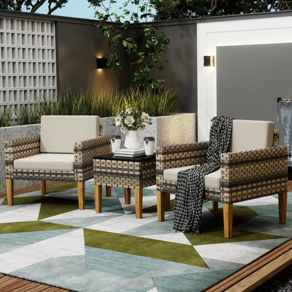 

3 Piece Outdoor Furniture Set,with Soft Cushion and Coffee Table，All Weather PE Rattan Patio Set