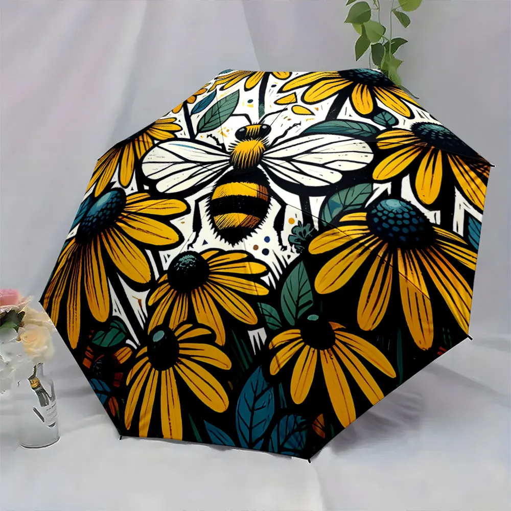 1PC Bee and Sunflower Themed Umbrella for Stylish Protection Print 8 Iron Ribs Folding Umbrella Auto-Open Fashion Sunshade