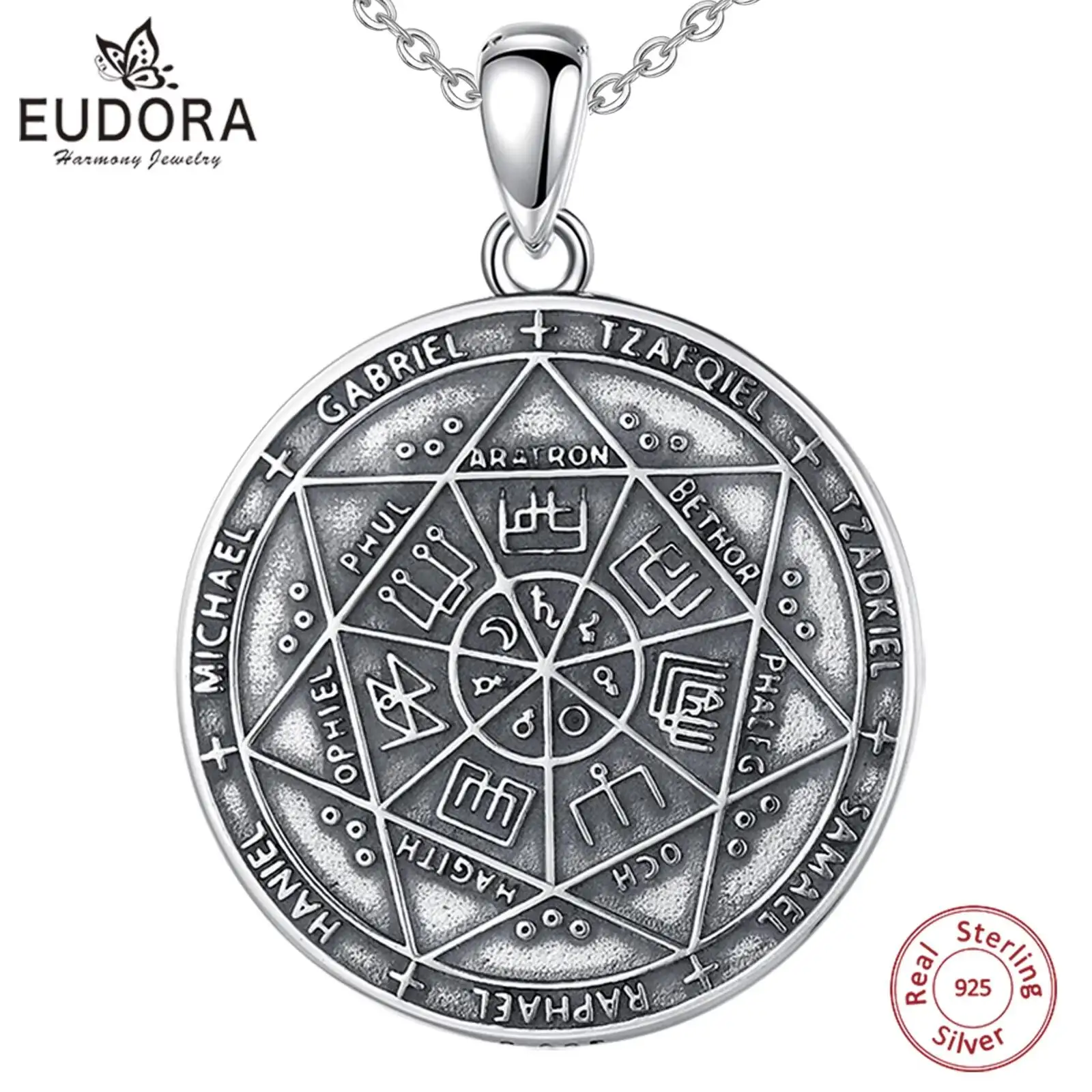 

Eudora 925 Sterling Silver Seven Archangels Amulet Necklace for Man Vintage Rune Summon Magic Circle Pendant Personality Jewelry