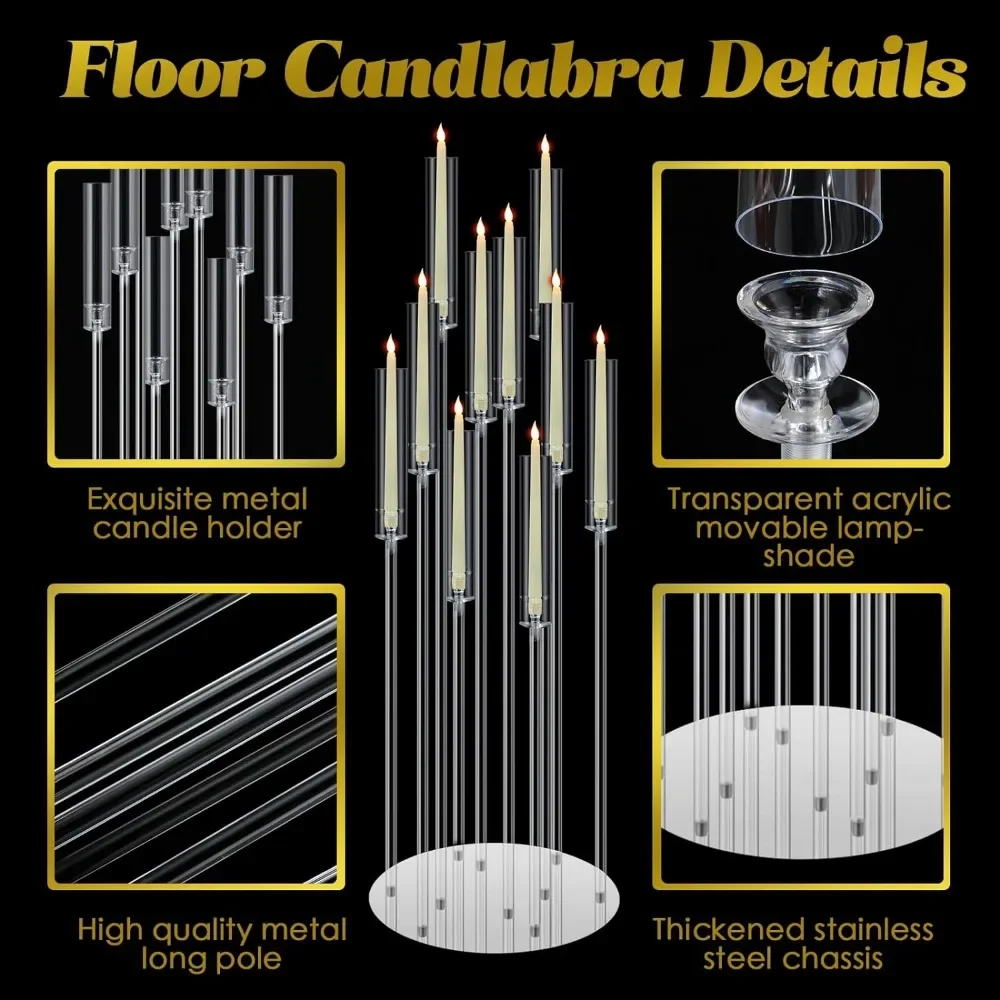 4 Pcs 10 Arm Floor Candelabras 46.4'' Tall Wedding Candle Holder Candelabras Centerpiece for Table Clear Acrylic Candelabras