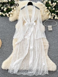 CHILLGIO Women Transparent Lace Long Dresses Temptation Nightgown Sexy Lace Up Bow Hight Waist Adlut Dress Luxury Elegant Dress