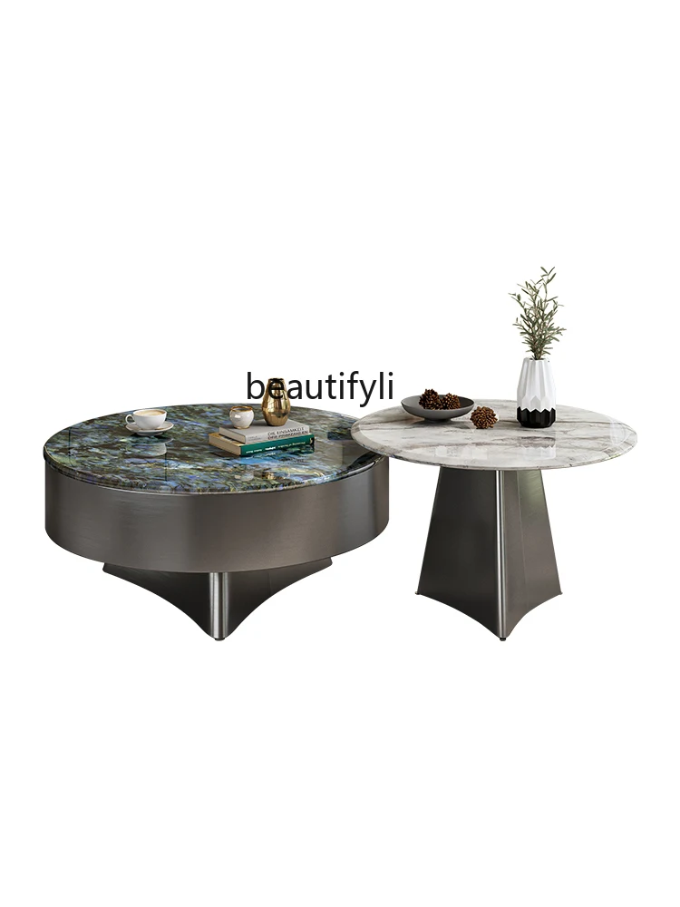 Round Tea Table Living Room Imitation Luxury Stone Microlite Black-Capped Kingfisher High and Low Combination Side Table