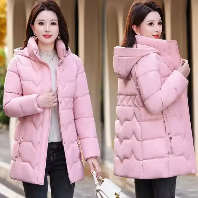 Women's Mid-length Down Cotton Jacket Korean Thicken Winter Coat Warm Removable Hood Slim Fit Parkas Outerwear