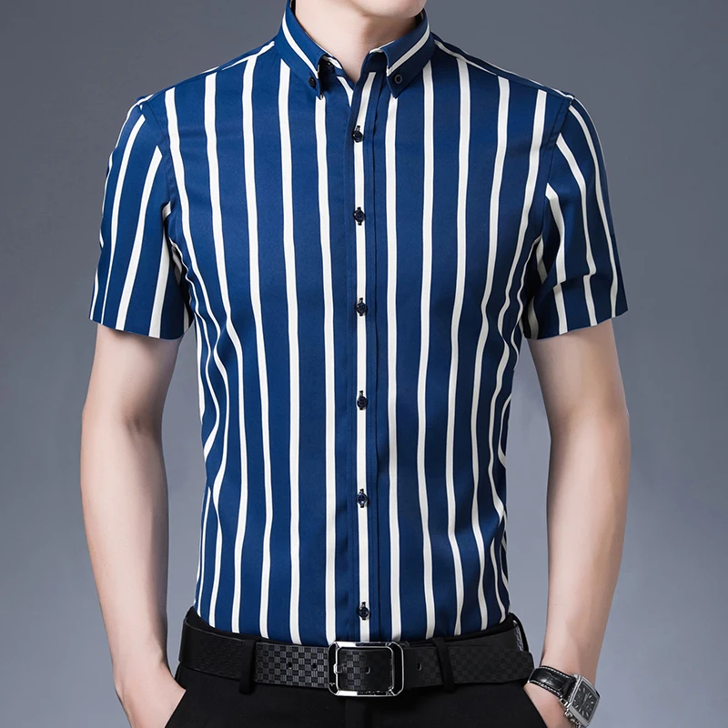 

Male Striped Shirt 2025 Spring Summer Business Non-Ironing Elastic Slim Casual Short Sleeve Men's Shirt Social Work Clothes