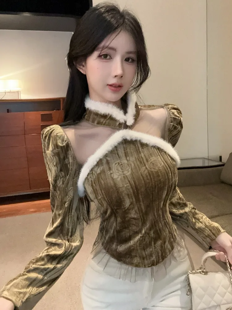 

New Chinese Style Mesh Velvet Long Sleeve Women's Base Shirt Autumn Winter New Design Versatile Patchwork Breathable City Walk